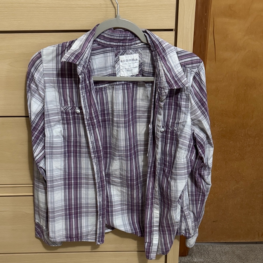 Sonoma Women's Purple and White Plaid Button Down Shirt